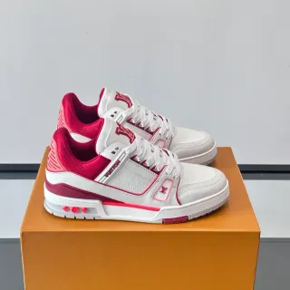 Louis Vuitton LV Trainer White Pink Structured Leather Upper Multi-Layered Strap Design Lifestyle Sneakers