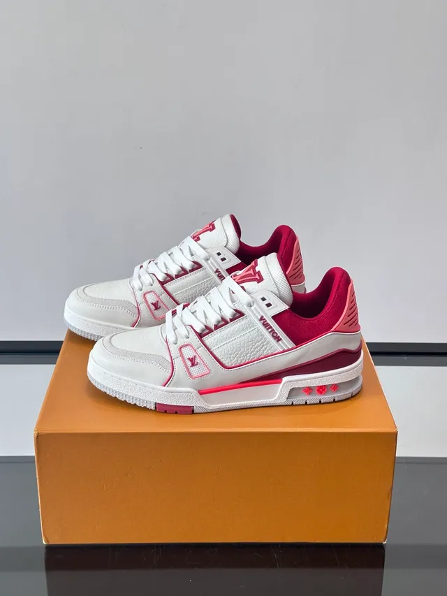 Louis Vuitton LV Trainer White Pink Structured Leather Upper Multi-Layered Strap Design Lifestyle Sneakers 5