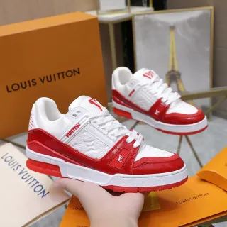 Louis Vuitton LV Trainer White Red Layered Patent And Embossed Leather Monogram-Textured Upper Lifestyle Sneakers