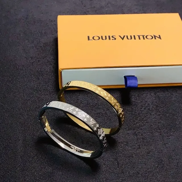 Louis Vuitton Monogram Bangle Gold Silver Engraved Rigid Bracelet 2