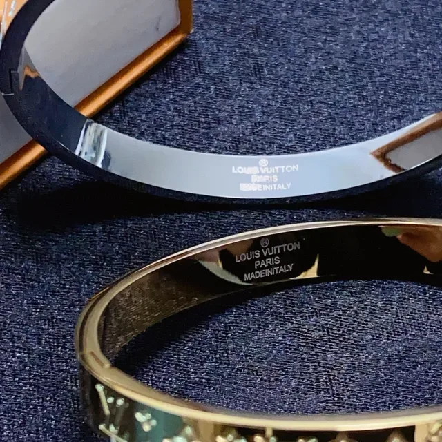 Louis Vuitton Monogram Bangle Gold Silver Engraved Rigid Bracelet 5