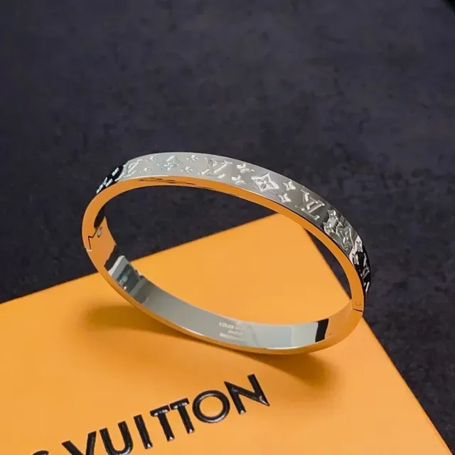 Louis Vuitton Monogram Bangle Gold Silver Engraved Rigid Bracelet 6