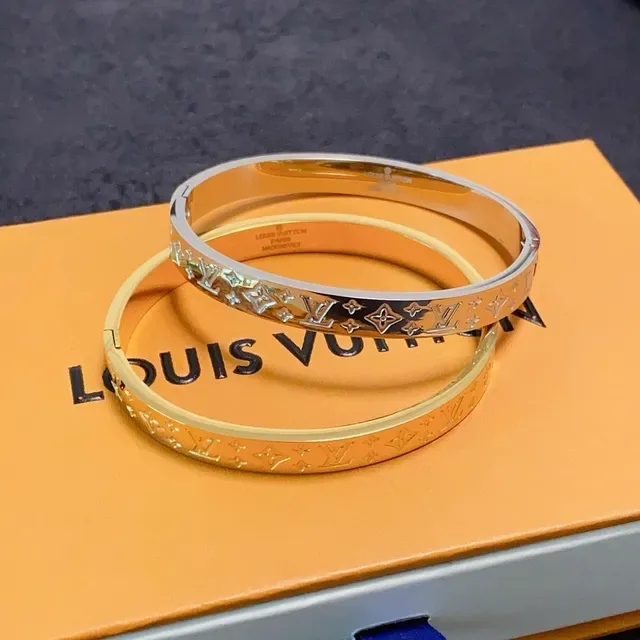 Louis Vuitton Monogram Bangle Gold Silver Engraved Rigid Bracelet 7