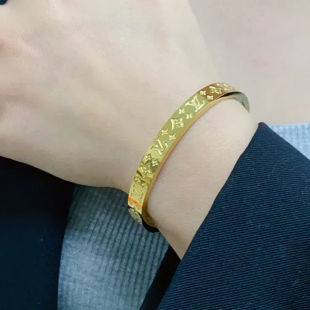 Louis Vuitton Monogram Bangle Gold Silver Engraved Rigid Bracelet 9