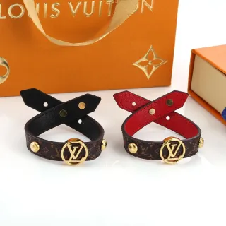 Louis Vuitton Monogram Canvas Bracelet Brown Red Gold-Tone Circular LV Medallion Bracelet
