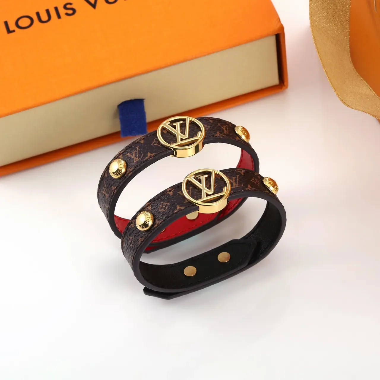 Louis Vuitton Monogram Canvas Bracelet Brown Red Gold-Tone Circular LV Medallion Bracelet 2