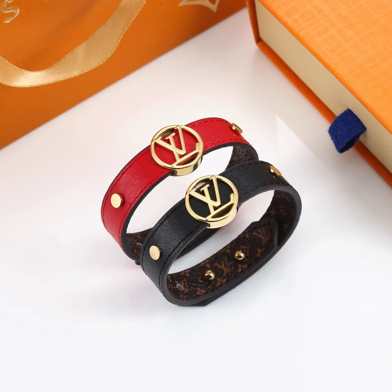 Louis Vuitton Monogram Canvas Bracelet Brown Red Gold-Tone Circular LV Medallion Bracelet 3