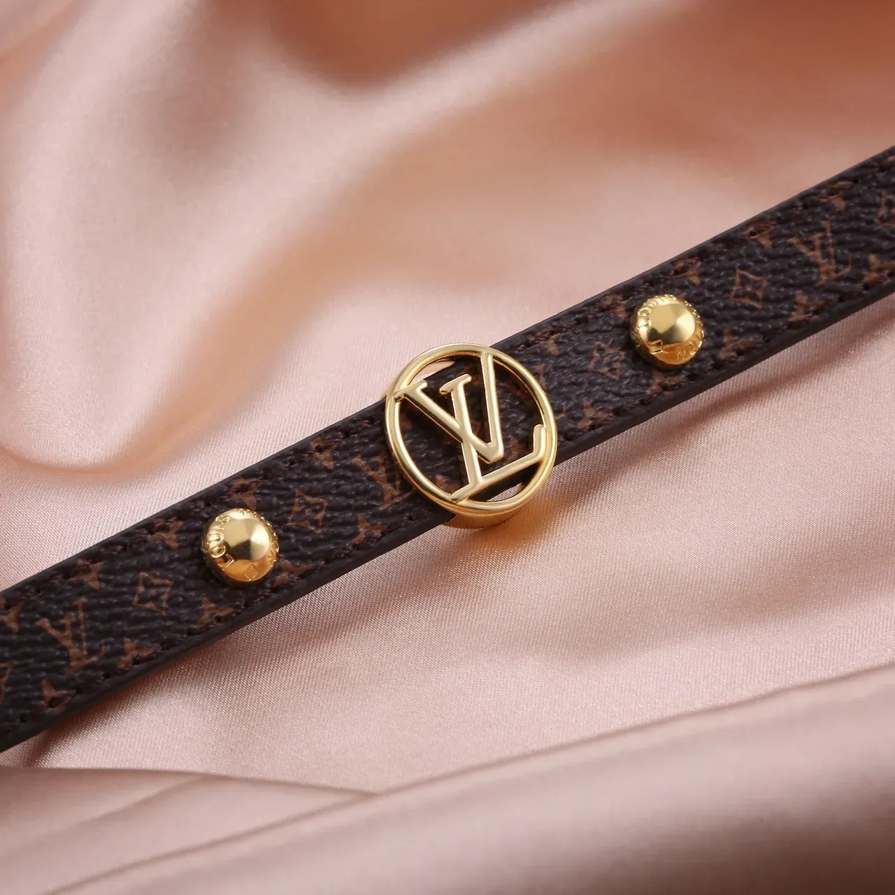 Louis Vuitton Monogram Canvas Bracelet Brown Red Gold-Tone Circular LV Medallion Bracelet 5