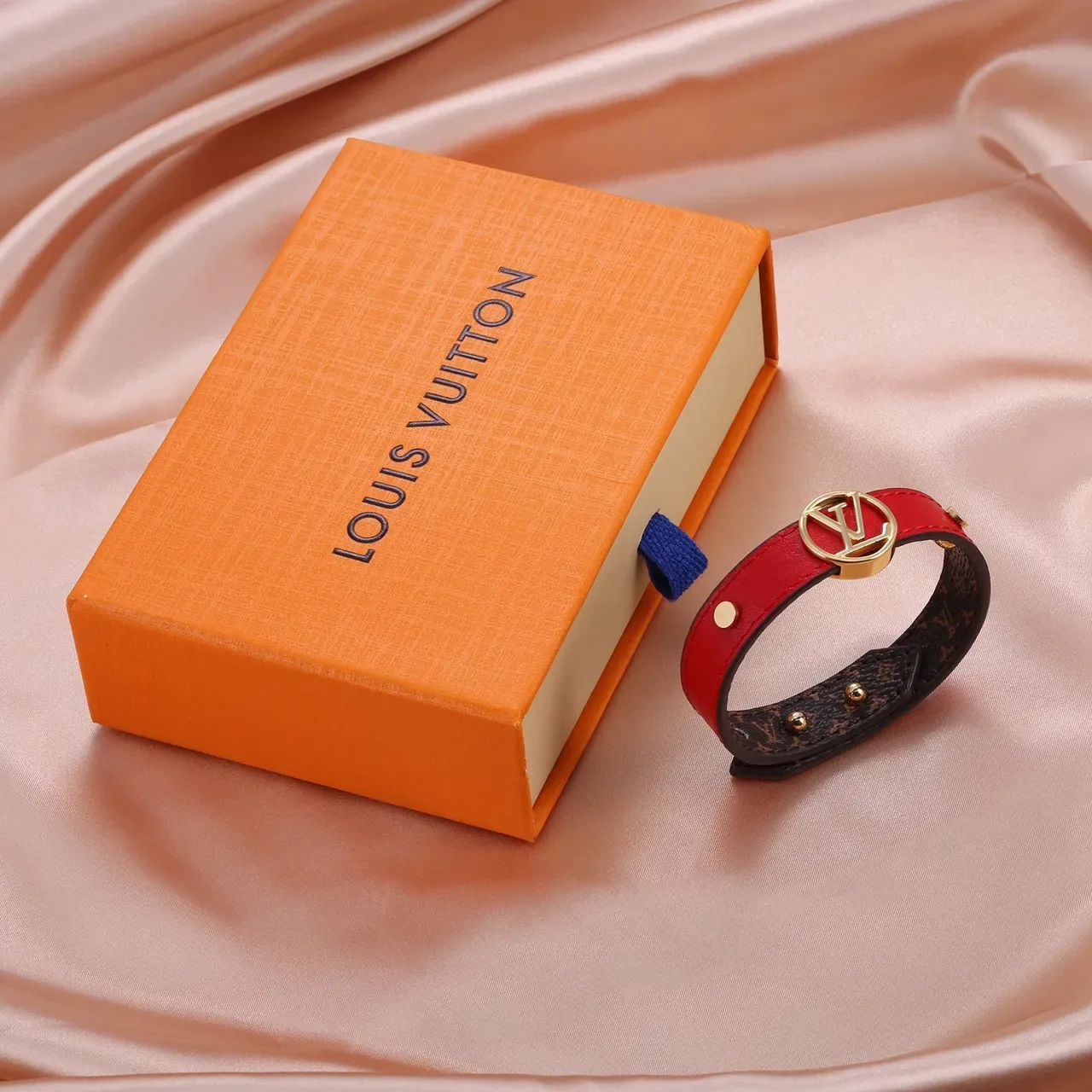 Louis Vuitton Monogram Canvas Bracelet Brown Red Gold-Tone Circular LV Medallion Bracelet 6