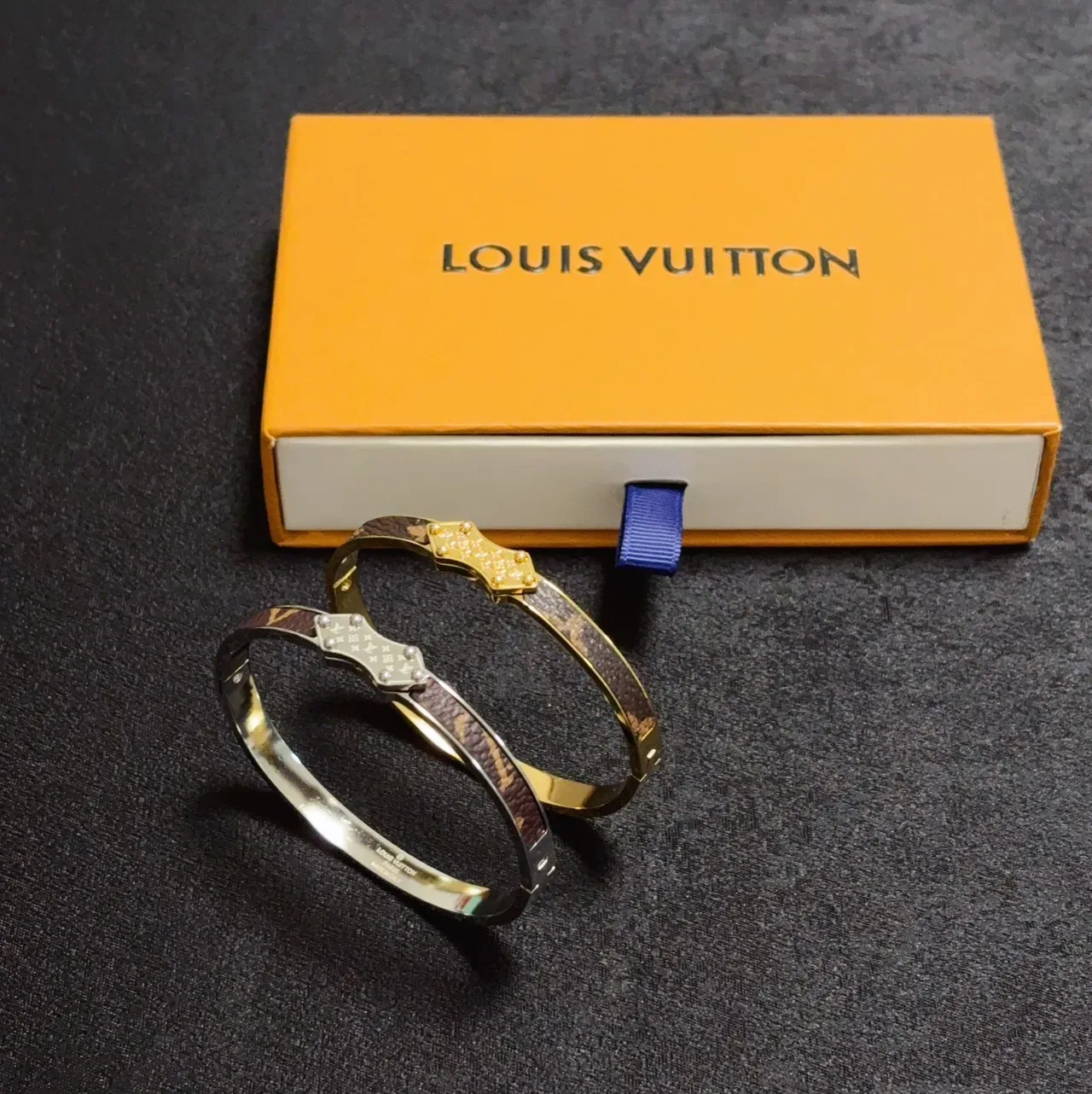 Louis Vuitton Monogram Canvas Studded Shield Clasp Hinged Bangle Bracelets 2
