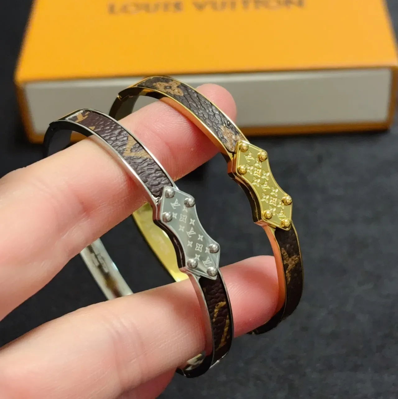 Louis Vuitton Monogram Canvas Studded Shield Clasp Hinged Bangle Bracelets 3
