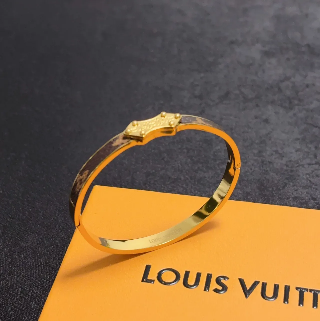 Louis Vuitton Monogram Canvas Studded Shield Clasp Hinged Bangle Bracelets 5