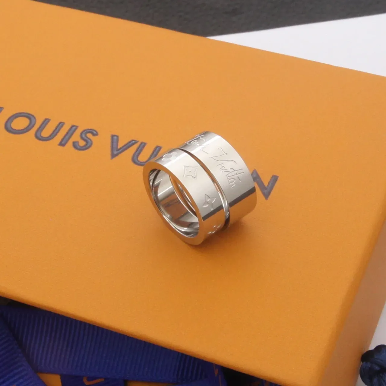 Louis Vuitton Monogram Double-Band Ring Gold Silver Engraved Ring 4