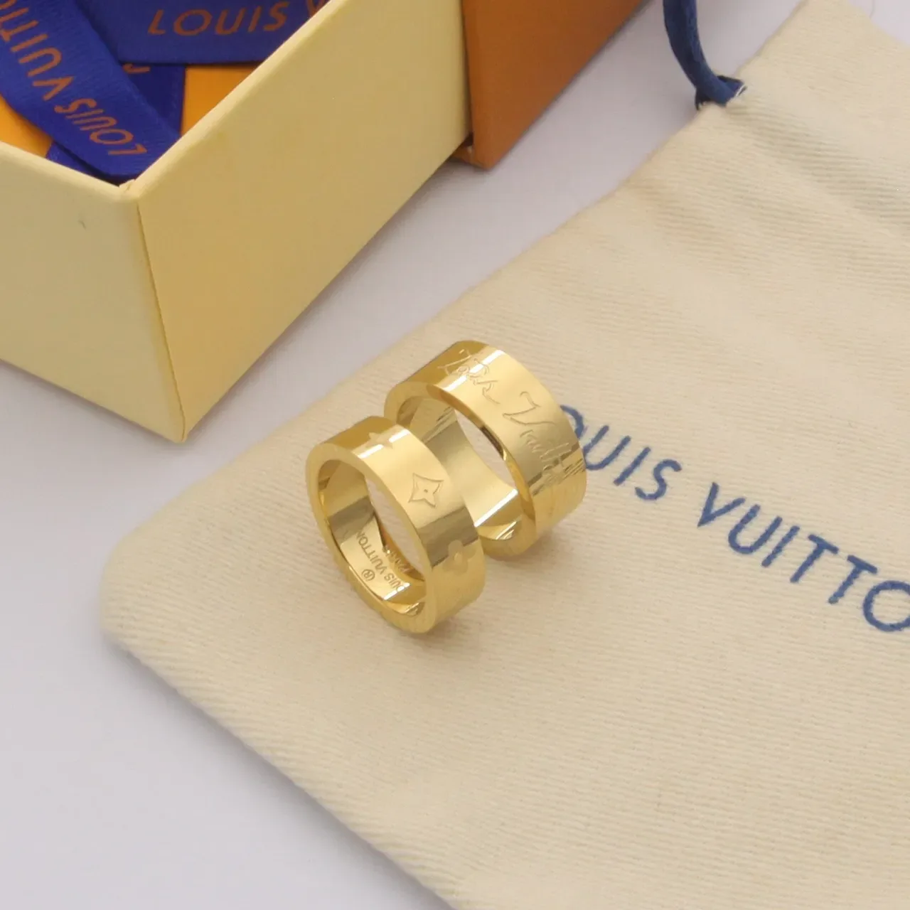 Louis Vuitton Monogram Double-Band Ring Gold Silver Engraved Ring 5