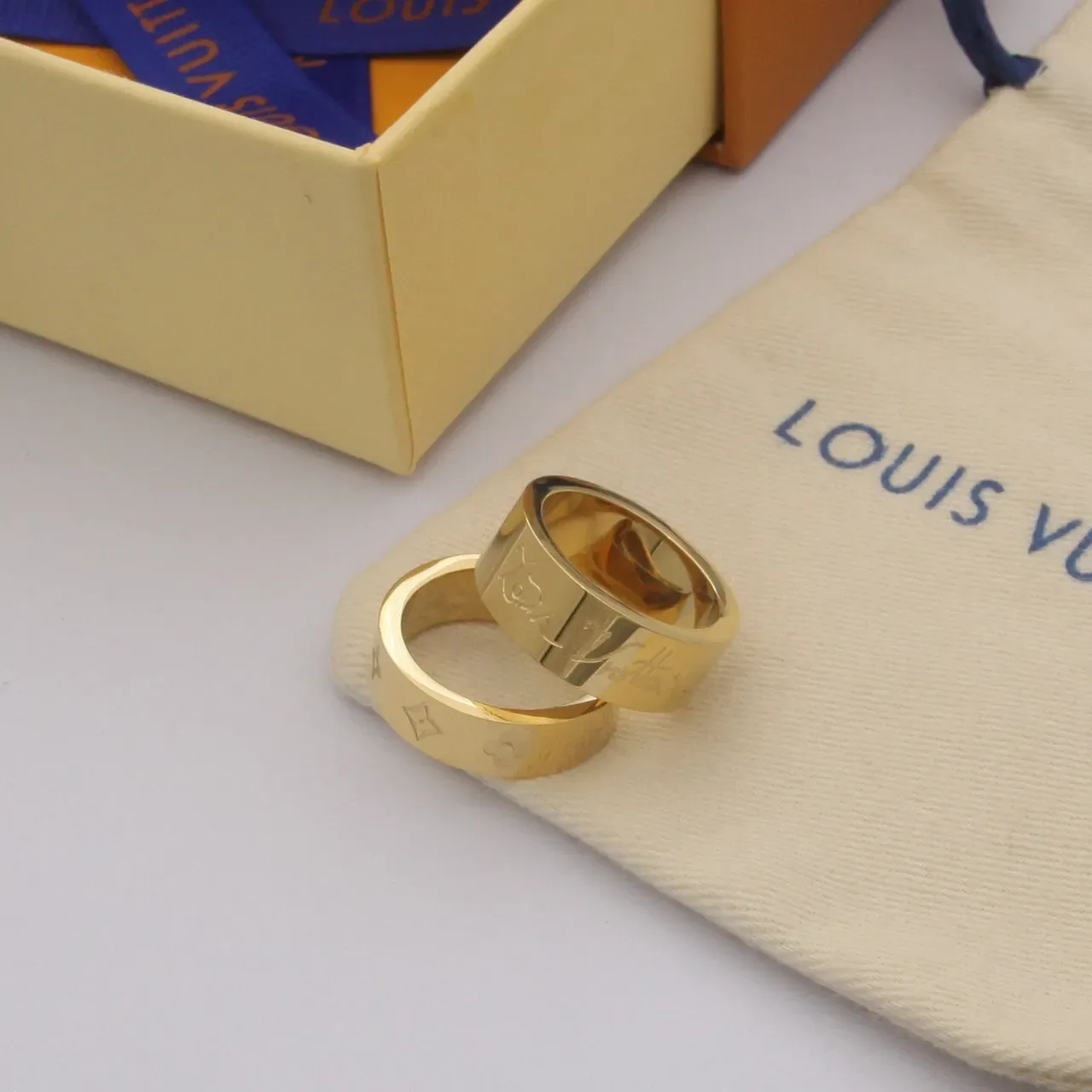 Louis Vuitton Monogram Double-Band Ring Gold Silver Engraved Ring 6