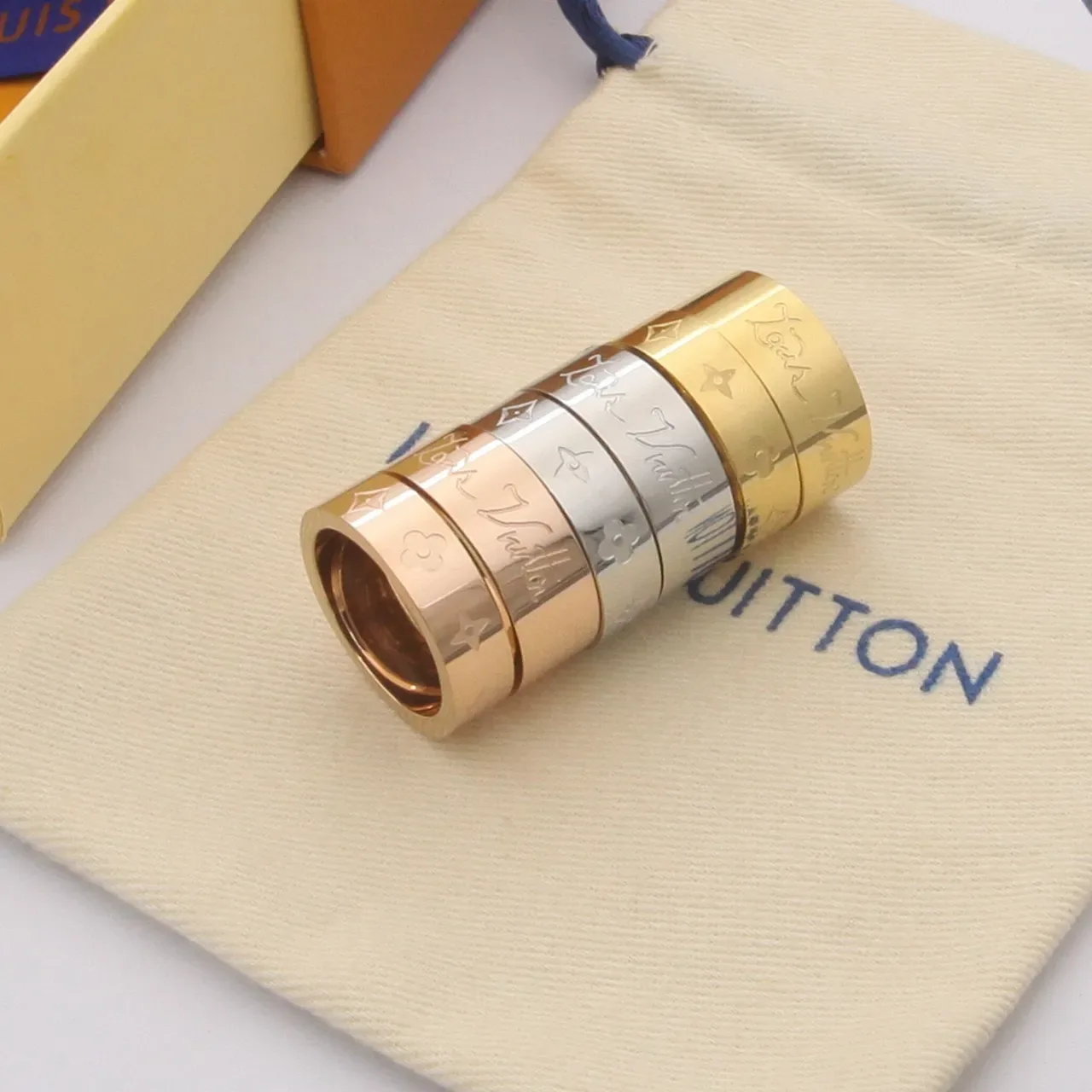 Louis Vuitton Monogram Double-Band Ring Gold Silver Engraved Ring 9