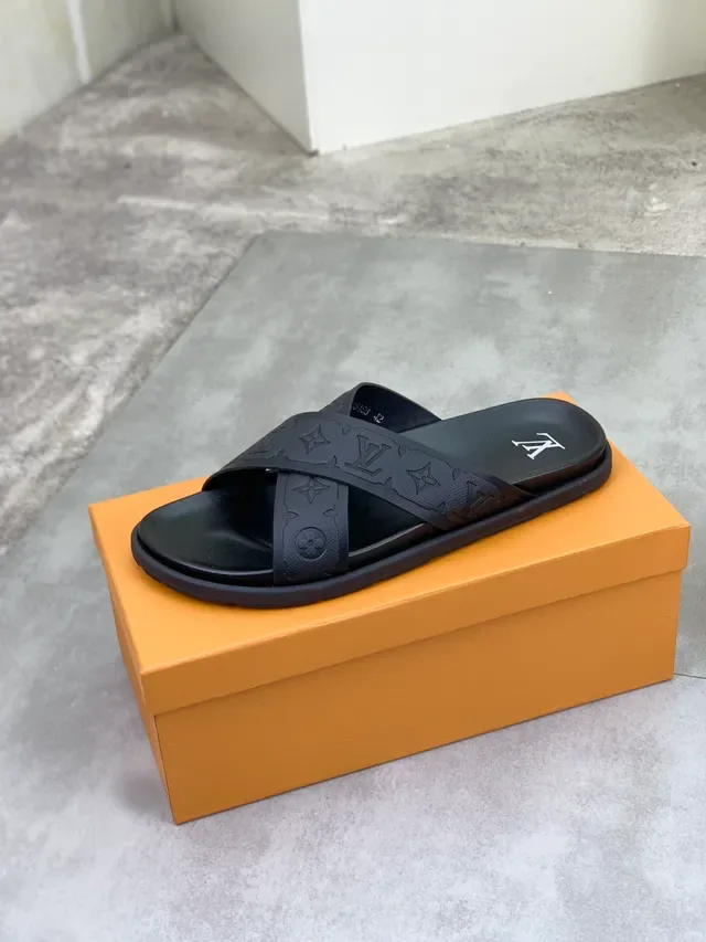 Louis Vuitton Monogram-Embossed Cross Strap Black Slippers 4