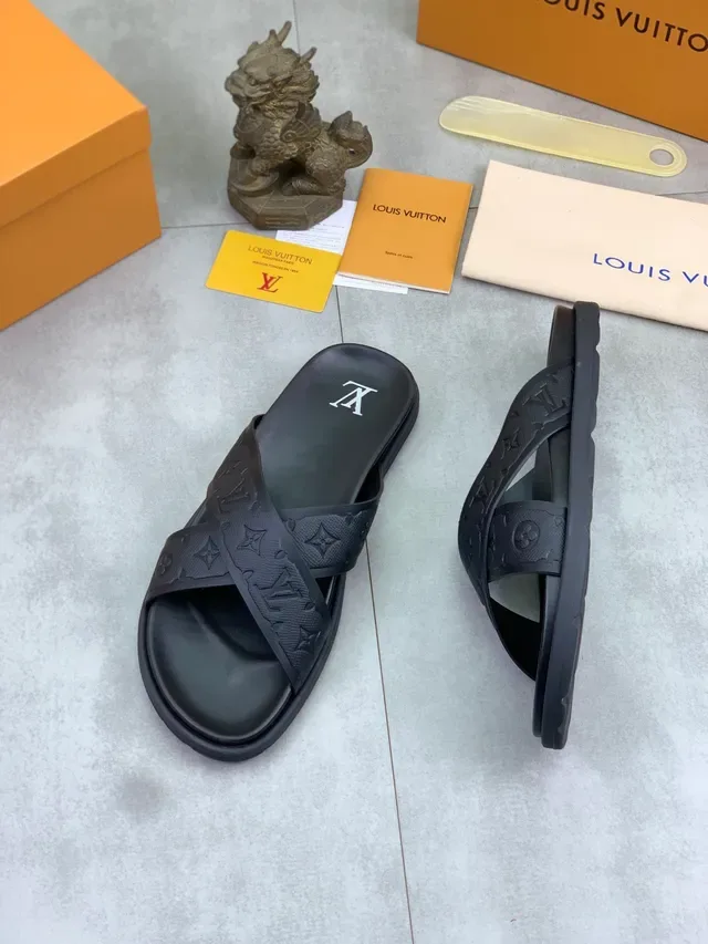Louis Vuitton Monogram-Embossed Cross Strap Black Slippers 5