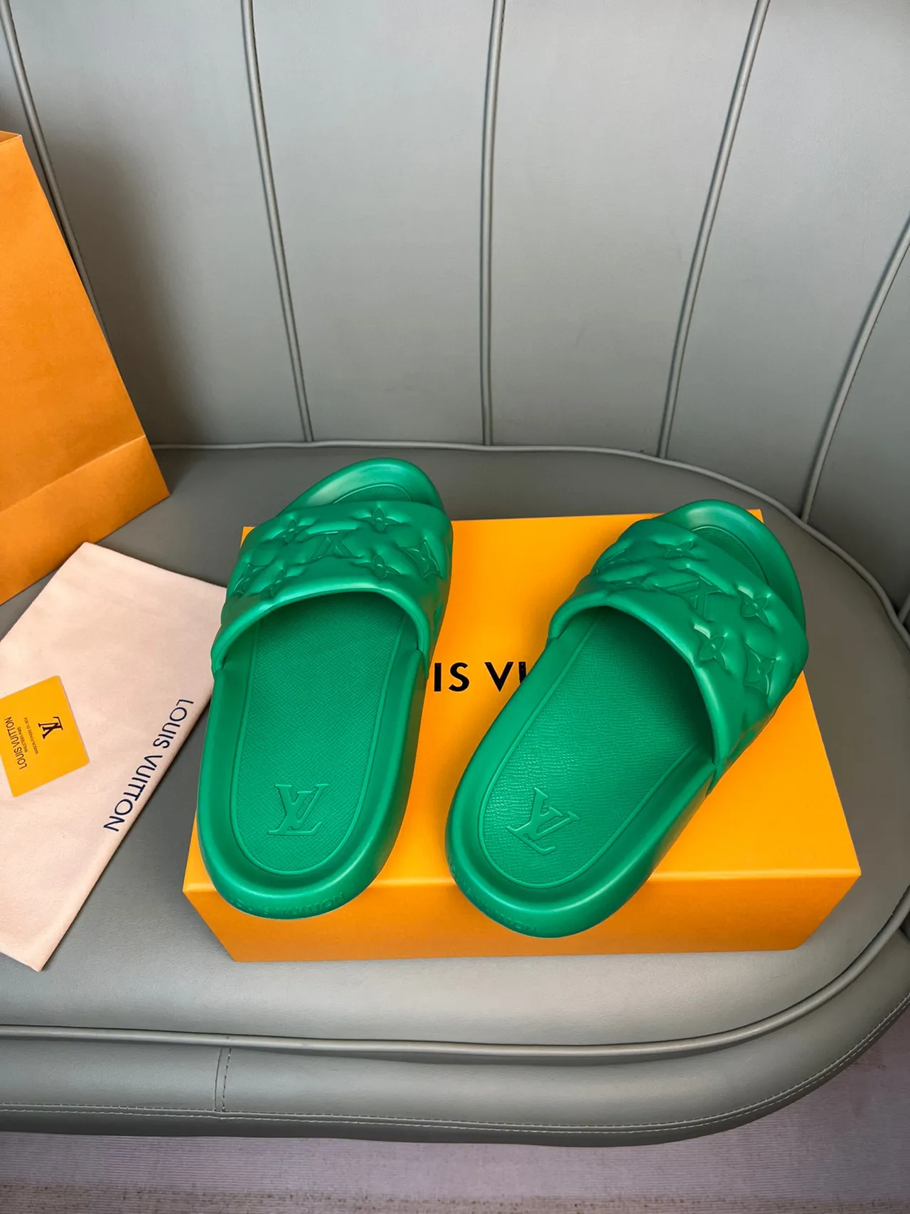 Louis Vuitton Monogram-Embossed Slide Green Molded Rubber Strap Slippers 4
