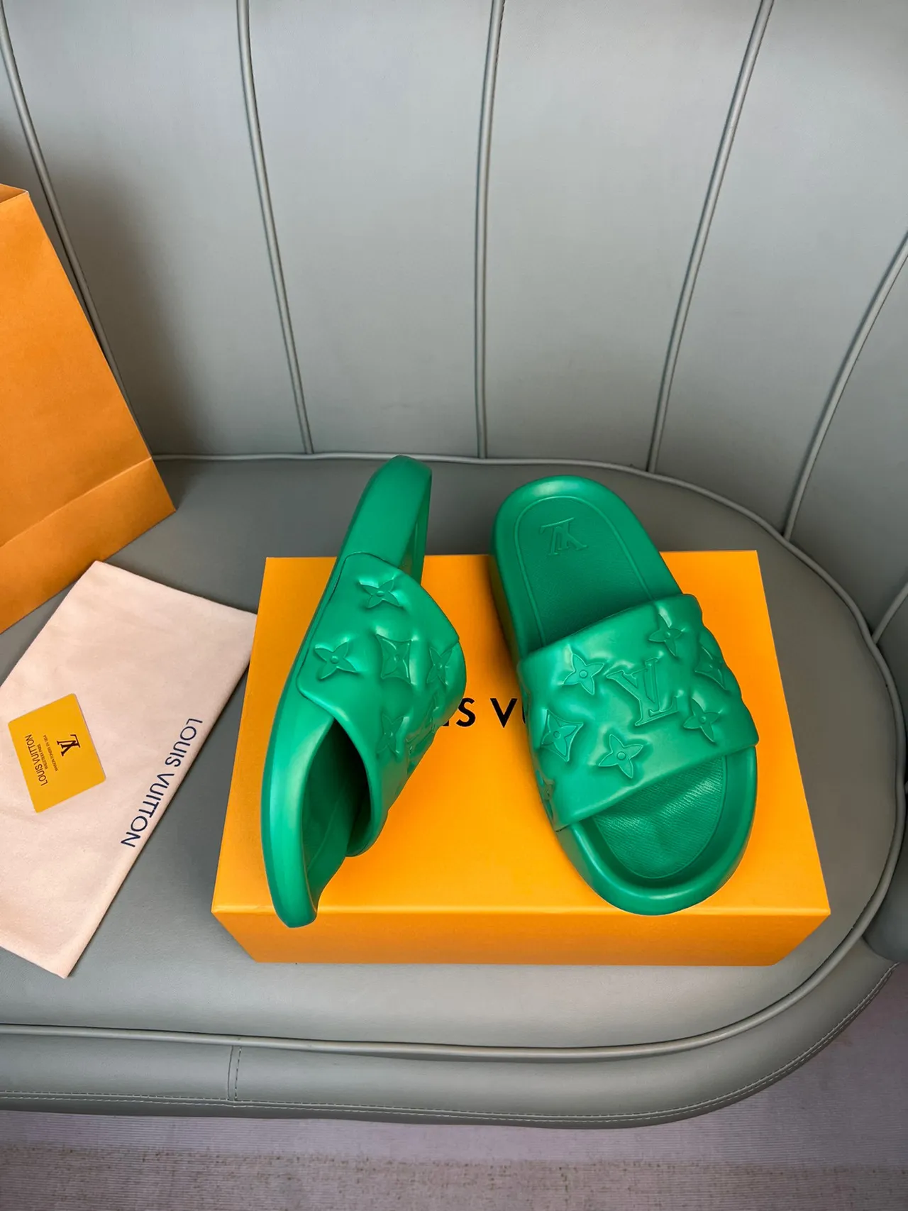Louis Vuitton Monogram-Embossed Slide Green Molded Rubber Strap Slippers 6