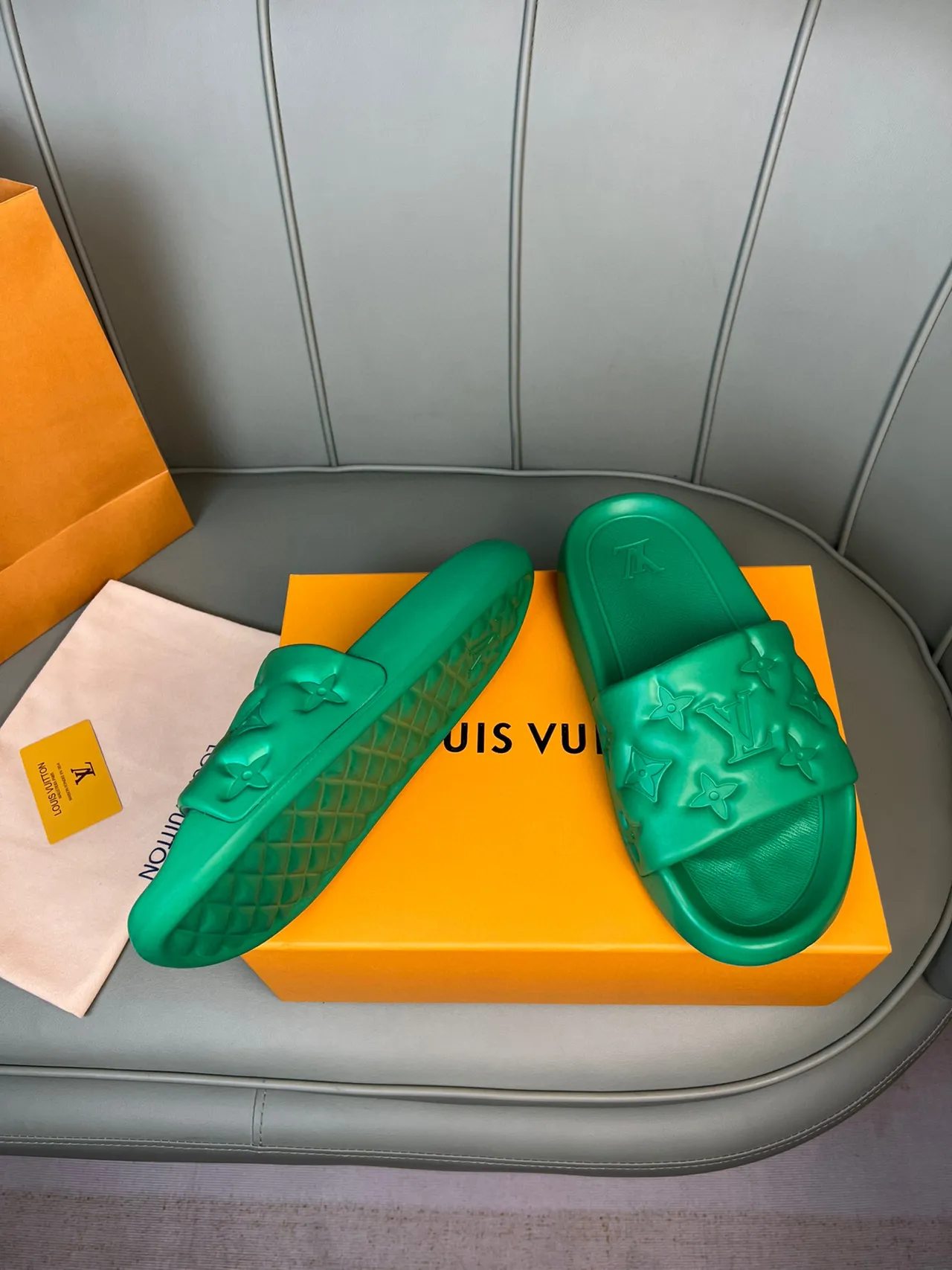 Louis Vuitton Monogram-Embossed Slide Green Molded Rubber Strap Slippers 7