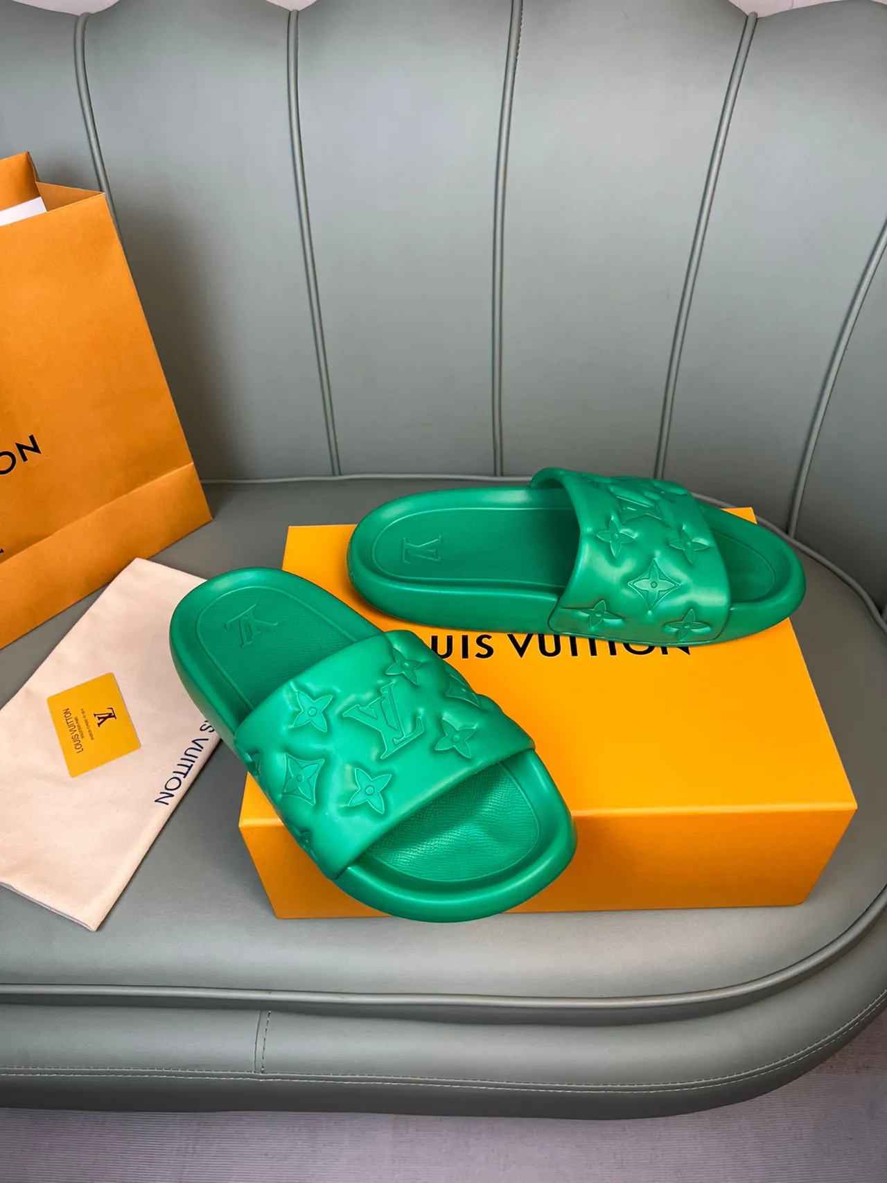 Louis Vuitton Monogram-Embossed Slide Green Molded Rubber Strap Slippers 8