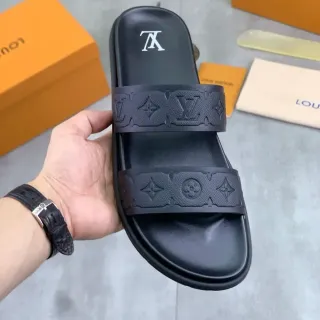 Louis Vuitton Monogram Embossed Strap Black Slide Slippers