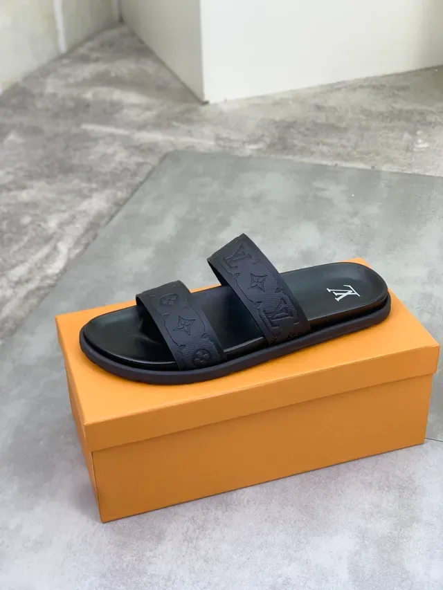 Louis Vuitton Monogram Embossed Strap Black Slide Slippers 4