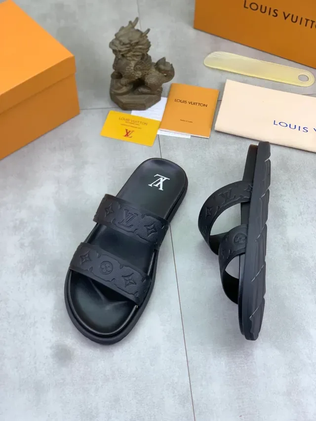 Louis Vuitton Monogram Embossed Strap Black Slide Slippers 5