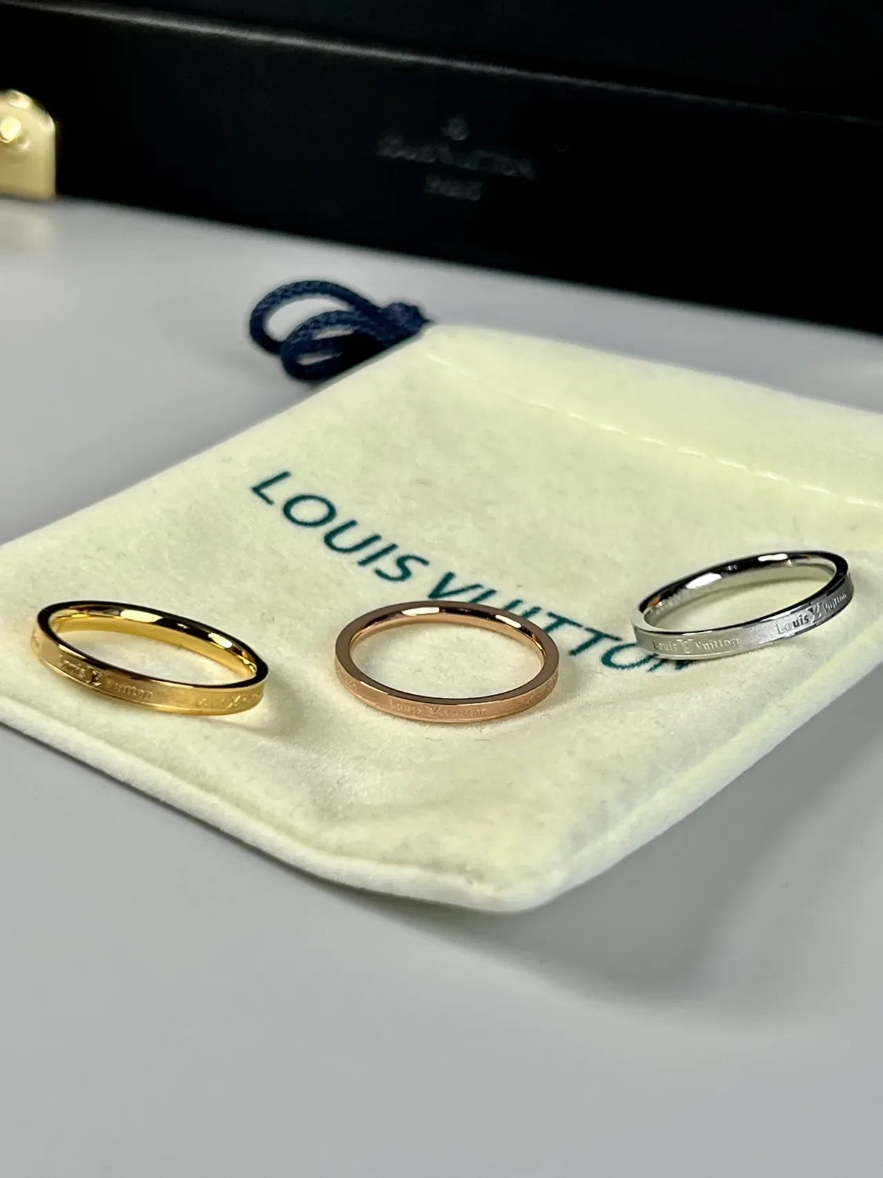 Louis Vuitton Monogram Engraved Ring Gold Silver Thin Band Logo Ring 2