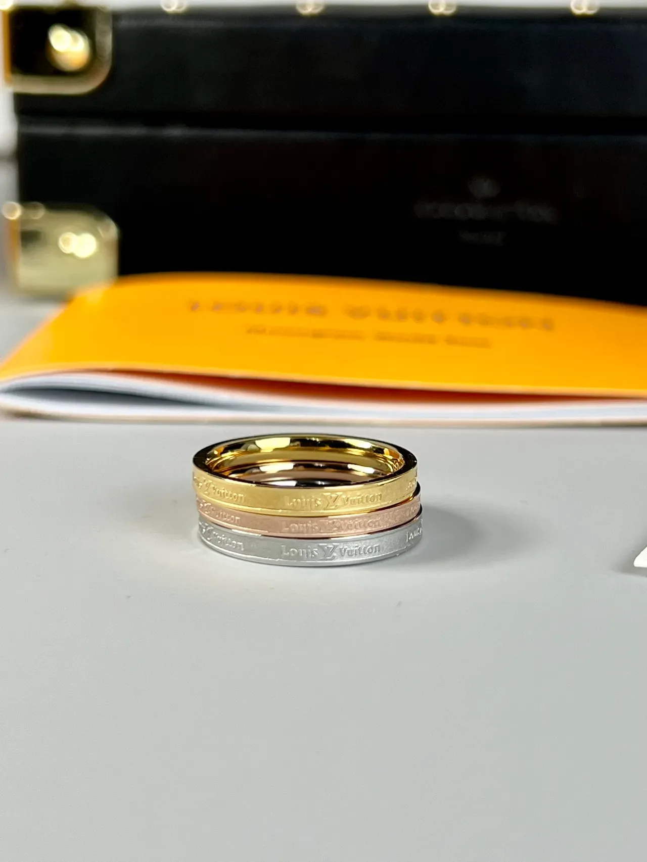 Louis Vuitton Monogram Engraved Ring Gold Silver Thin Band Logo Ring 3
