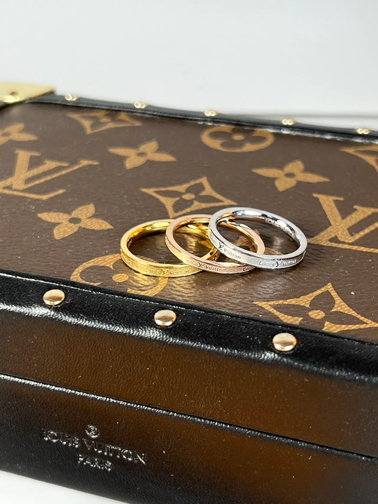 Louis Vuitton Monogram Engraved Ring Gold Silver Thin Band Logo Ring 4