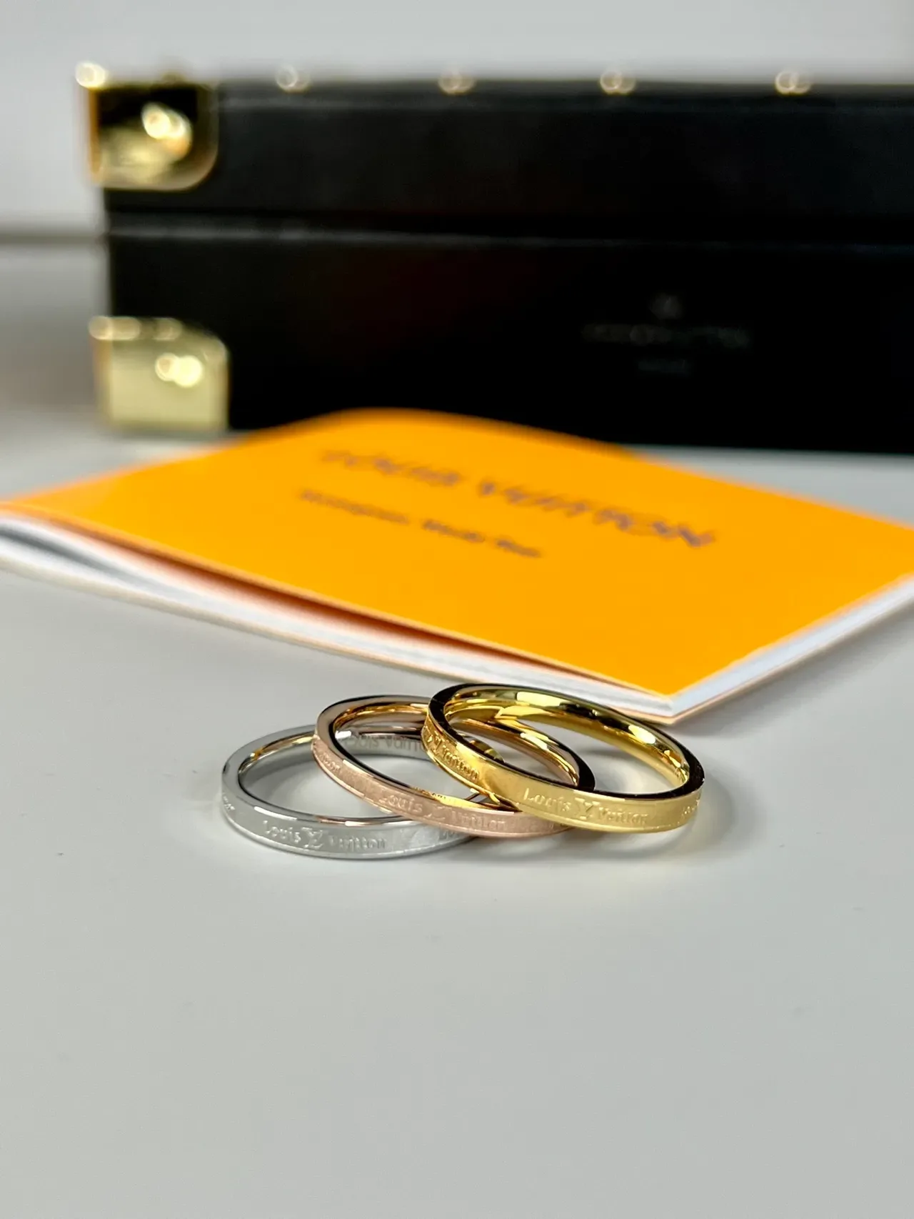 Louis Vuitton Monogram Engraved Ring Gold Silver Thin Band Logo Ring 5