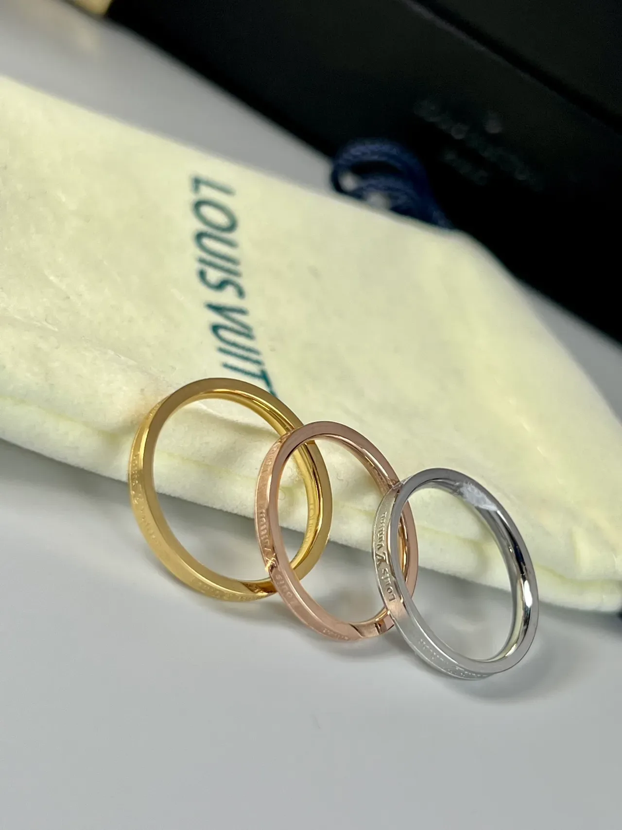 Louis Vuitton Monogram Engraved Ring Gold Silver Thin Band Logo Ring 6