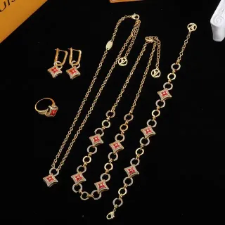 Louis Vuitton Monogram Flower Gold Red Chain Enamel Quatrefoil Pendants Necklace