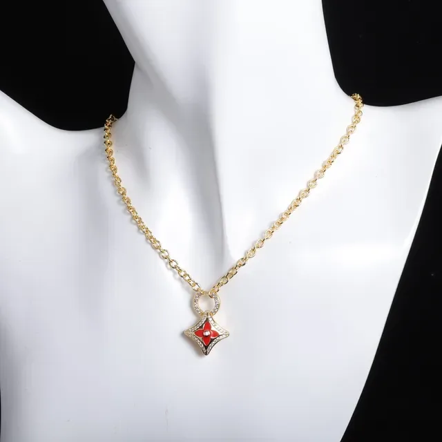 Louis Vuitton Monogram Flower Gold Red Chain Enamel Quatrefoil Pendants Necklace 6