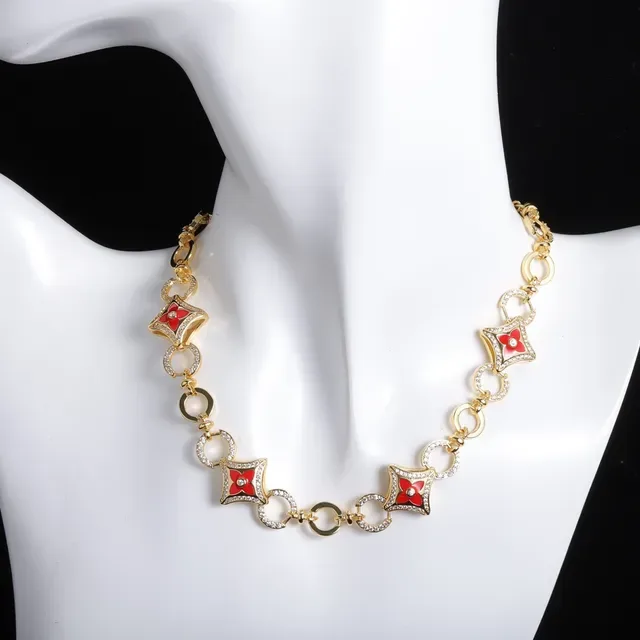 Louis Vuitton Monogram Flower Gold Red Chain Enamel Quatrefoil Pendants Necklace 7