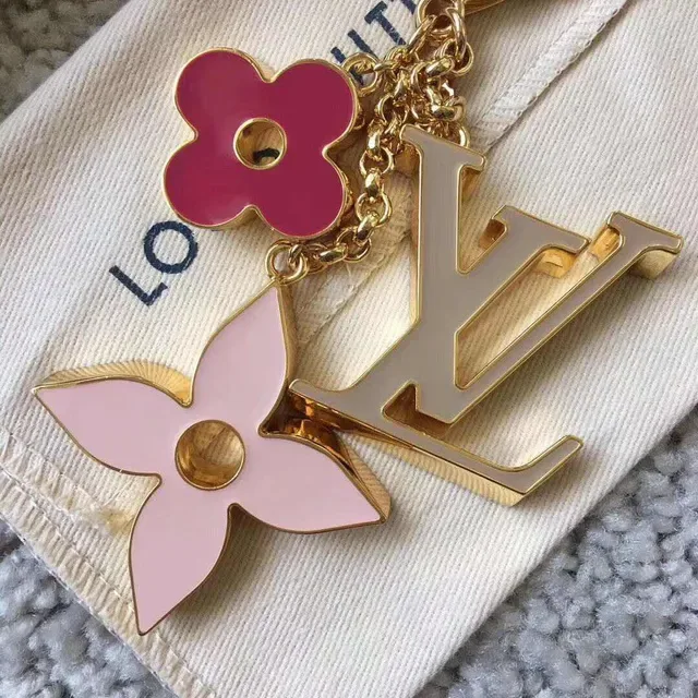 Louis Vuitton Monogram Flower Key Holder Gold Pink Metal Enamel Floral Charms Bracelet 4