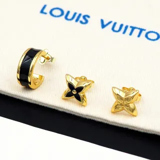 Louis Vuitton Monogram Flower Motif Gold and Black Earrings
