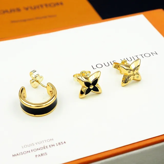 Louis Vuitton Monogram Flower Motif Gold and Black Earrings 3