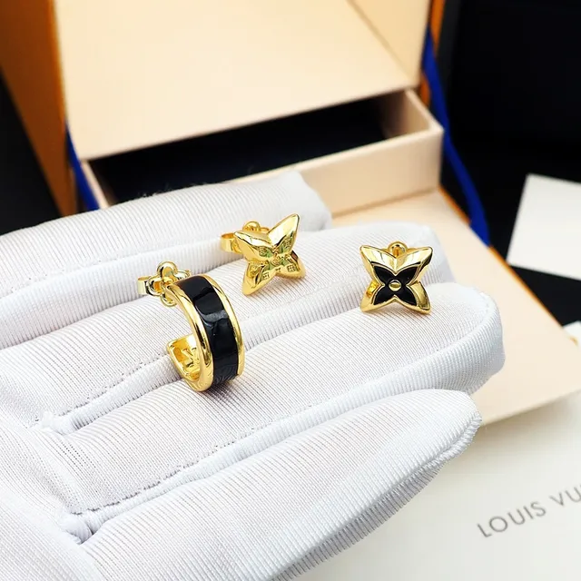 Louis Vuitton Monogram Flower Motif Gold and Black Earrings 4