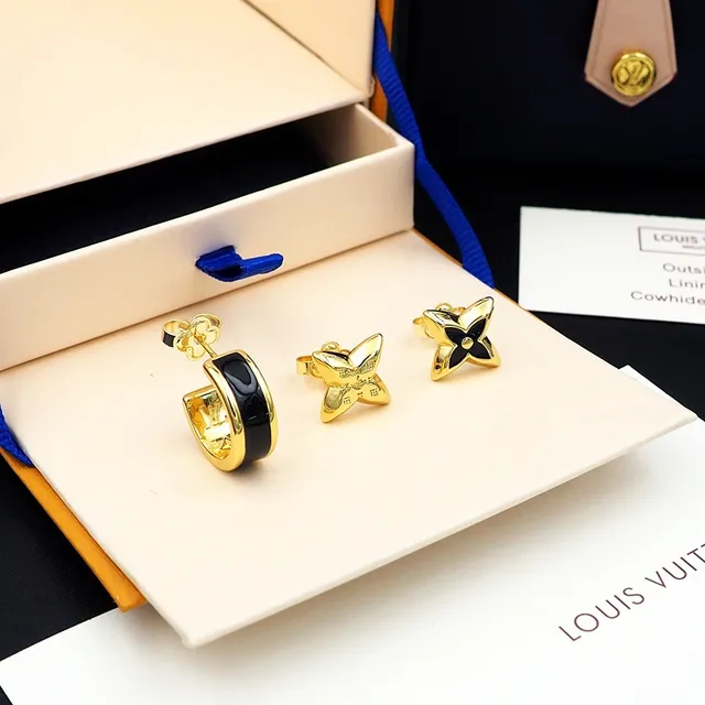 Louis Vuitton Monogram Flower Motif Gold and Black Earrings 6