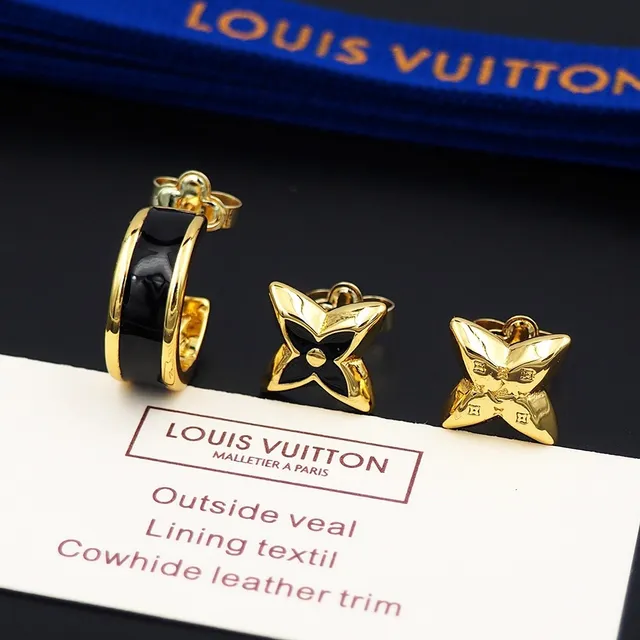 Louis Vuitton Monogram Flower Motif Gold and Black Earrings 7