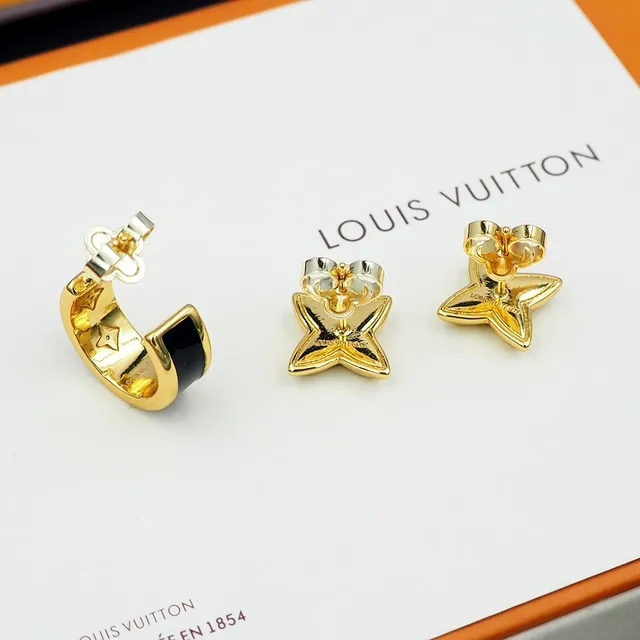 Louis Vuitton Monogram Flower Motif Gold and Black Earrings 9