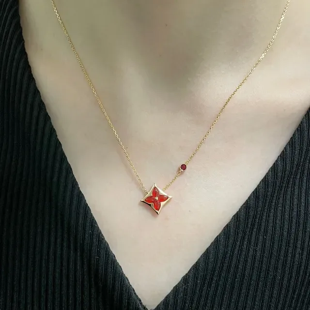 Louis Vuitton Monogram Flower Red Enamel Gold-Tone Necklace 9