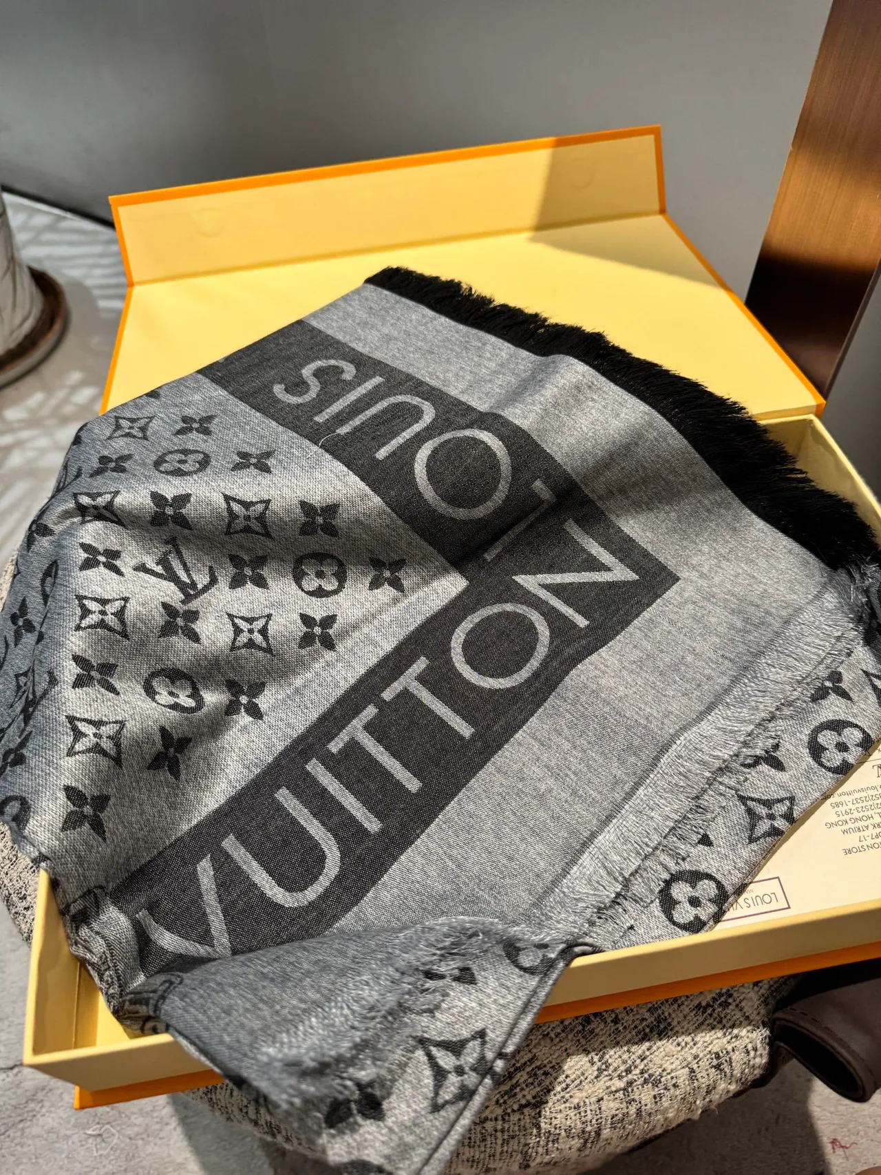 Louis Vuitton Monogram Graphite Gray Black Monogrammed Fringed Cashmere Scarf 4