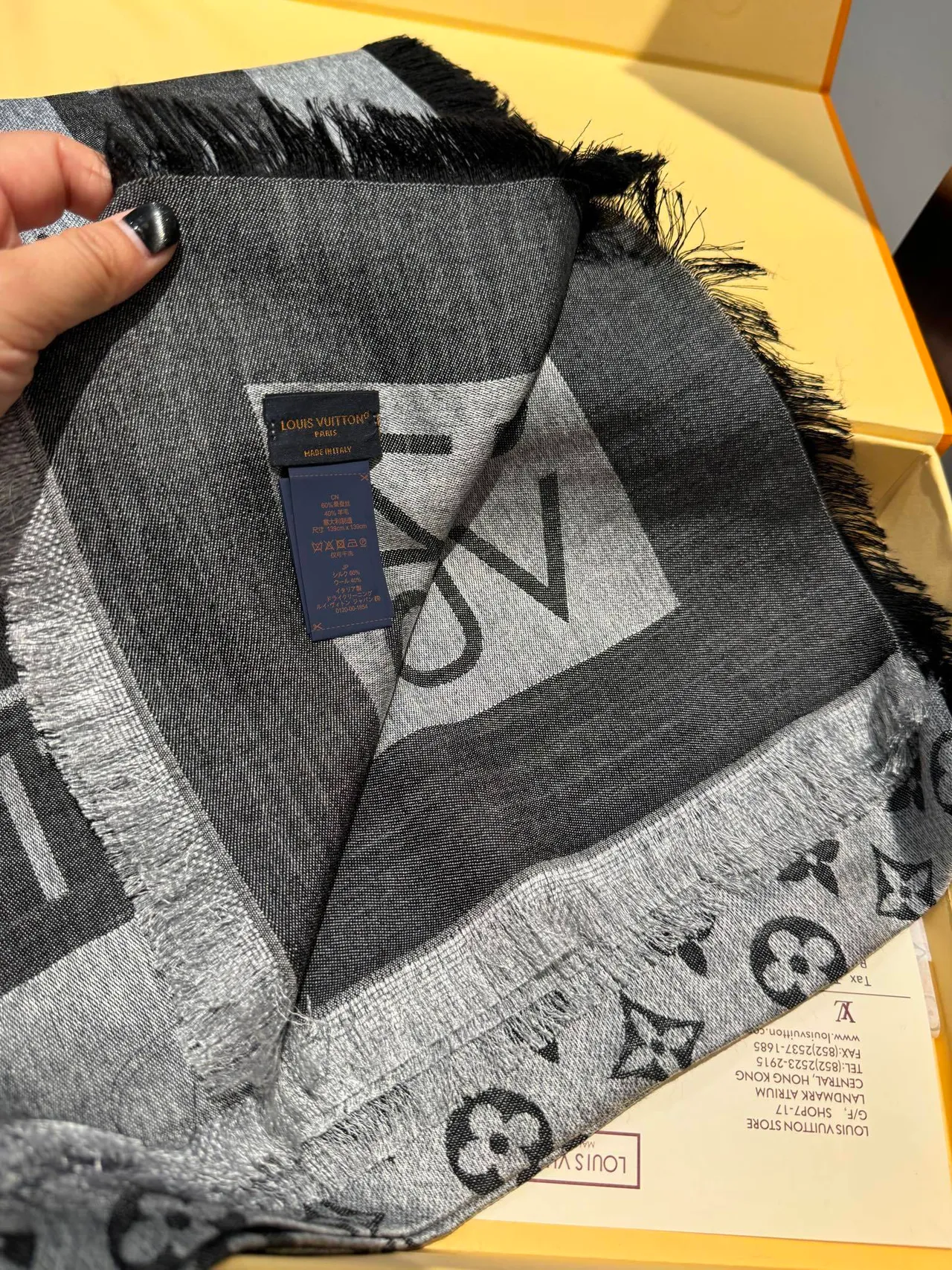 Louis Vuitton Monogram Graphite Gray Black Monogrammed Fringed Cashmere Scarf 5
