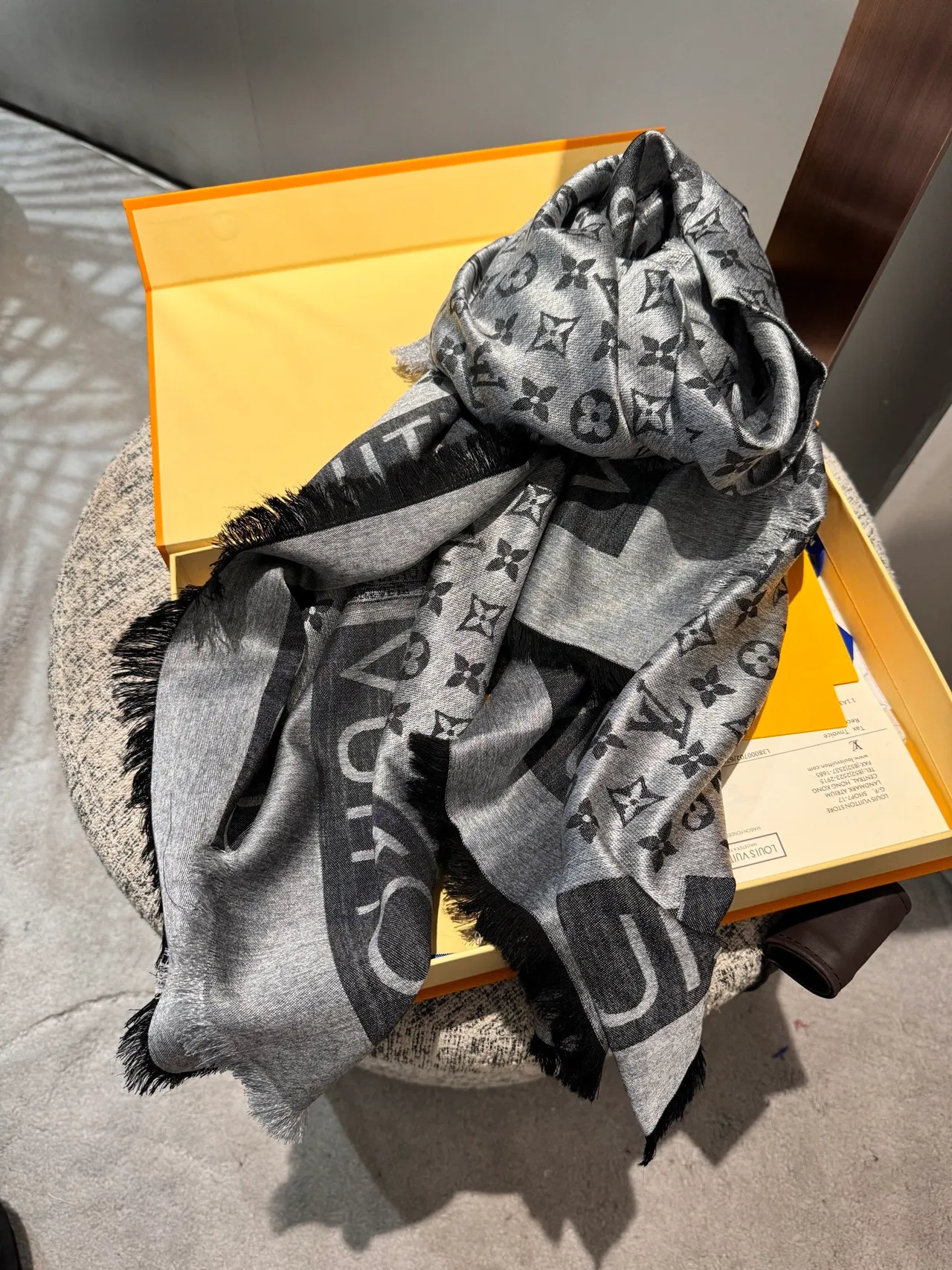 Louis Vuitton Monogram Graphite Gray Black Monogrammed Fringed Cashmere Scarf 8