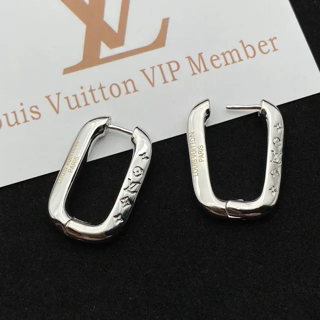 Louis Vuitton Monogram Hoop Silver Rectangular Polished Metal Earrings 2