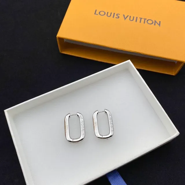 Louis Vuitton Monogram Hoop Silver Rectangular Polished Metal Earrings 3